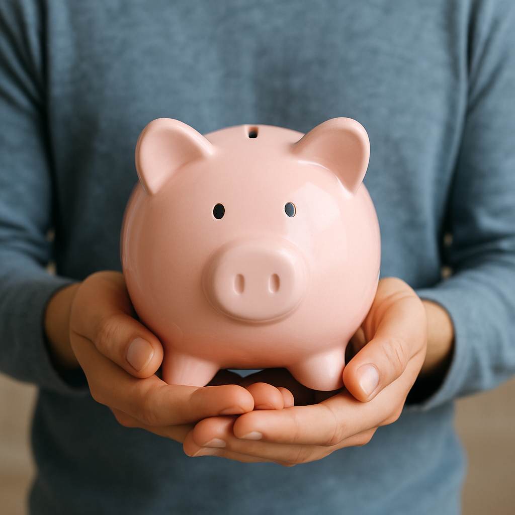 A person holding a piggy bank, symbolizing saving money