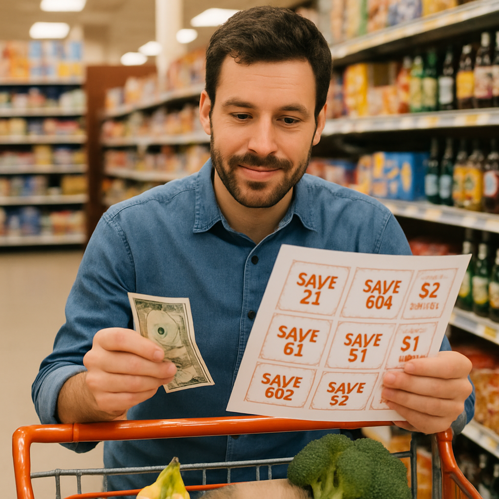 Person Saving Money by Using Coupons at a Grocery Store