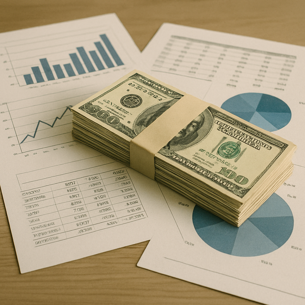 A stack of money and financial documents